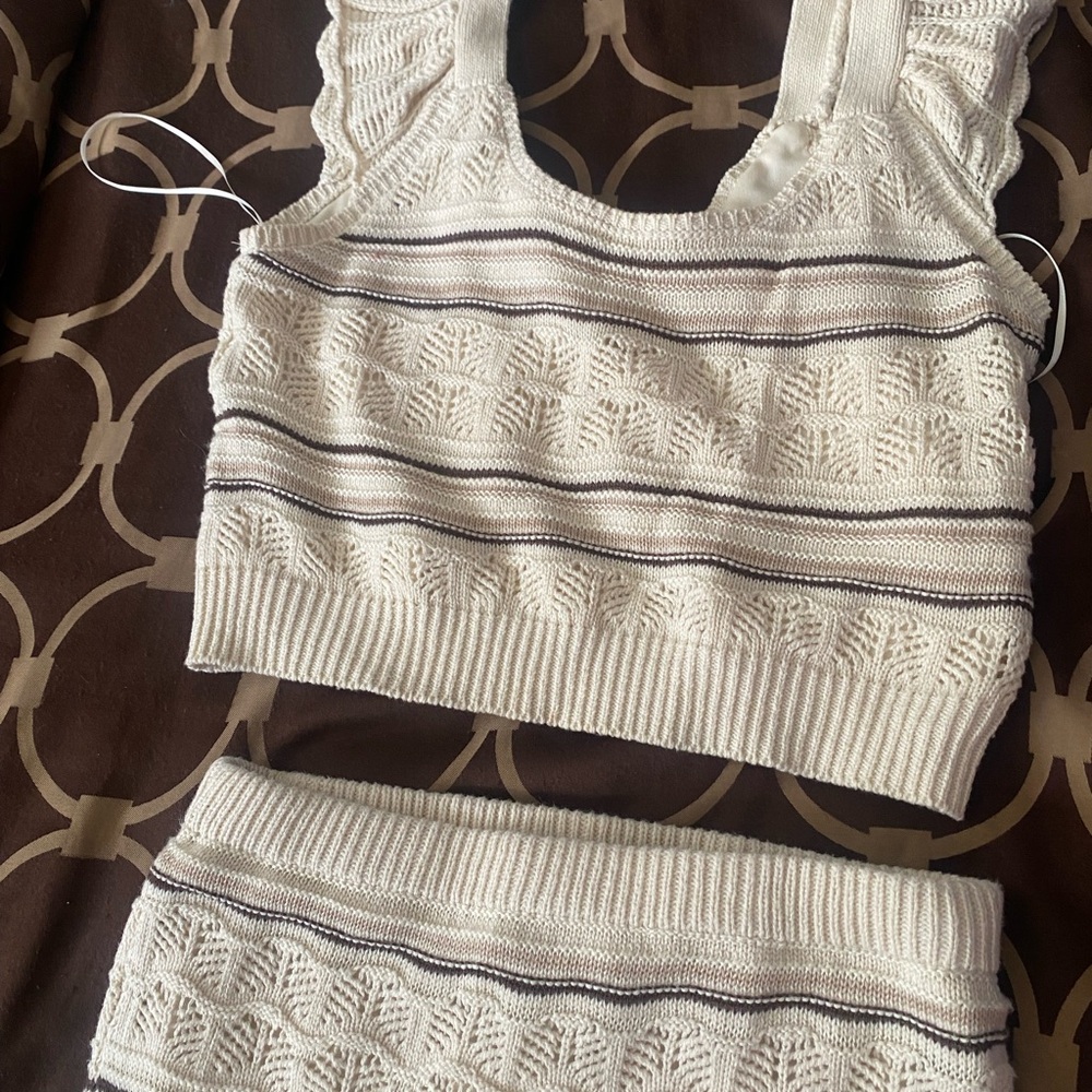White and Gray Knit Crop Top and Skirt Set